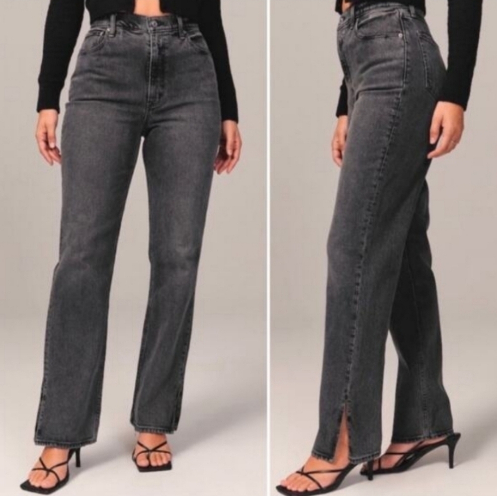 Abercrombie & Fitch Black Gray 90s Straight Ultra High Rise Slit Jeans Sz 28/6 S